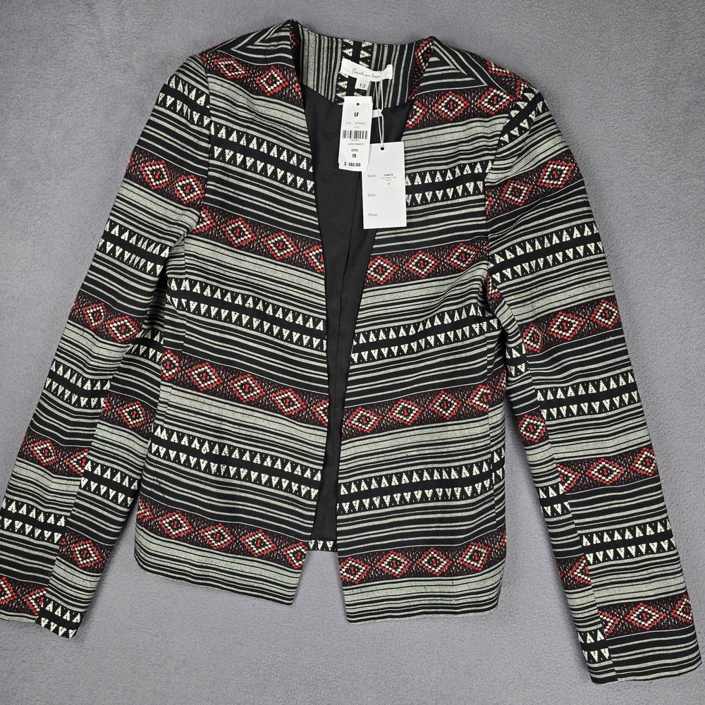 Faith In Love Jacket Womens 10 Black Aztec Pattern Open Front Collarless Lined‎